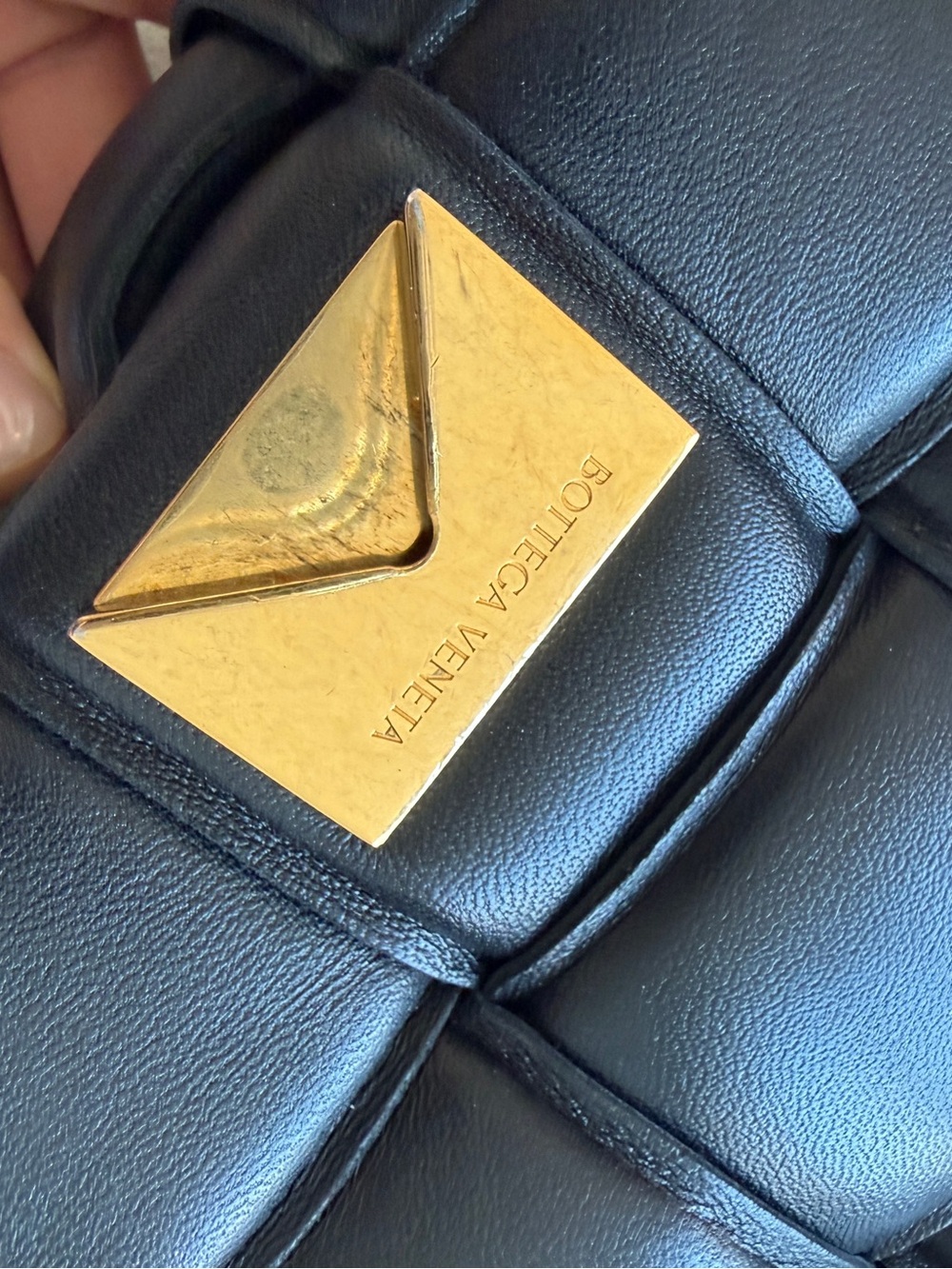 Bottega Veneta Black Intrecciato Padded Crossbody with Gold Triangle Buckle - Picture 5 of 7
